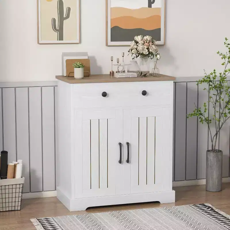 Small Storage Cabinet, Compact Wood Sideboard Buffet Cabinet with 2 Drawers & 2 Doors, Modern Minimalist Accent Furniture for Home