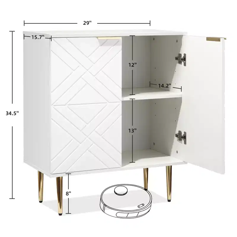 White Buffet Cabinet with Embossed Doors & Gold Accents, 1-Door Wood Sideboard with Shelf