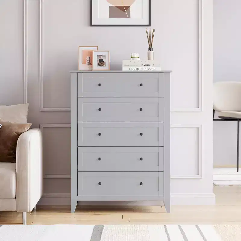 5 Drawers Dresser Wood Chest of Drawers, Storage Dressers Organizer with Gold Handles, Deep Drawers, Living Room, Closet, Hallway, Grey