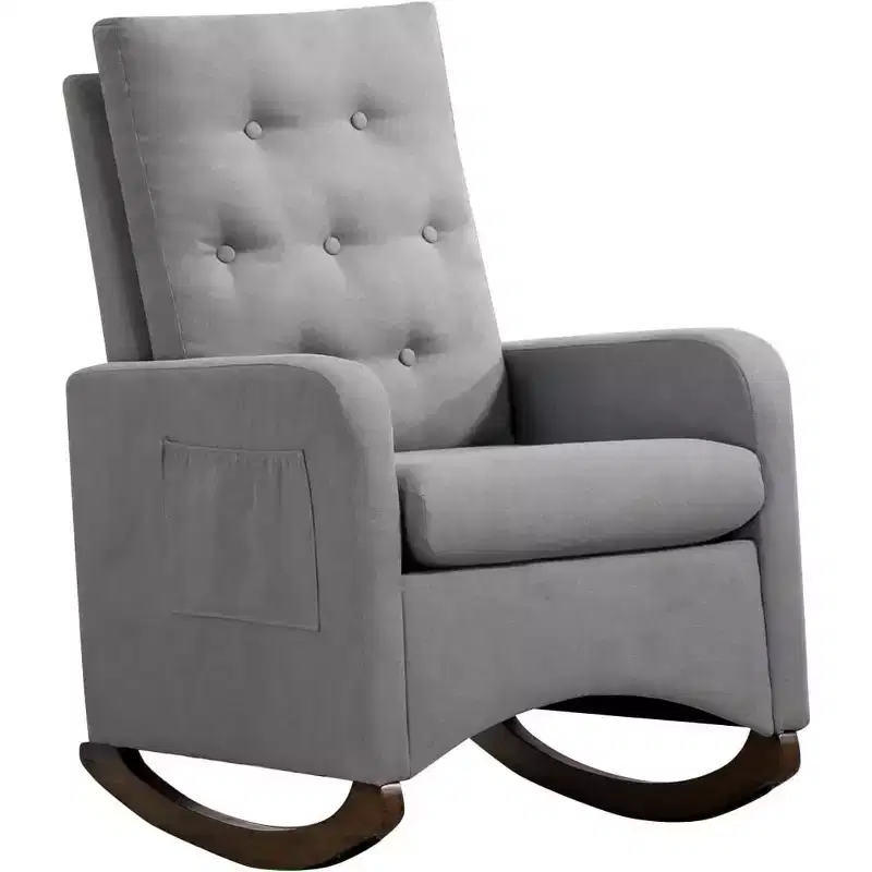 Nursery Rocking Chair, Upholstered Glider Rocker with Rubber Wood Legs, High Back and Side Pocket
