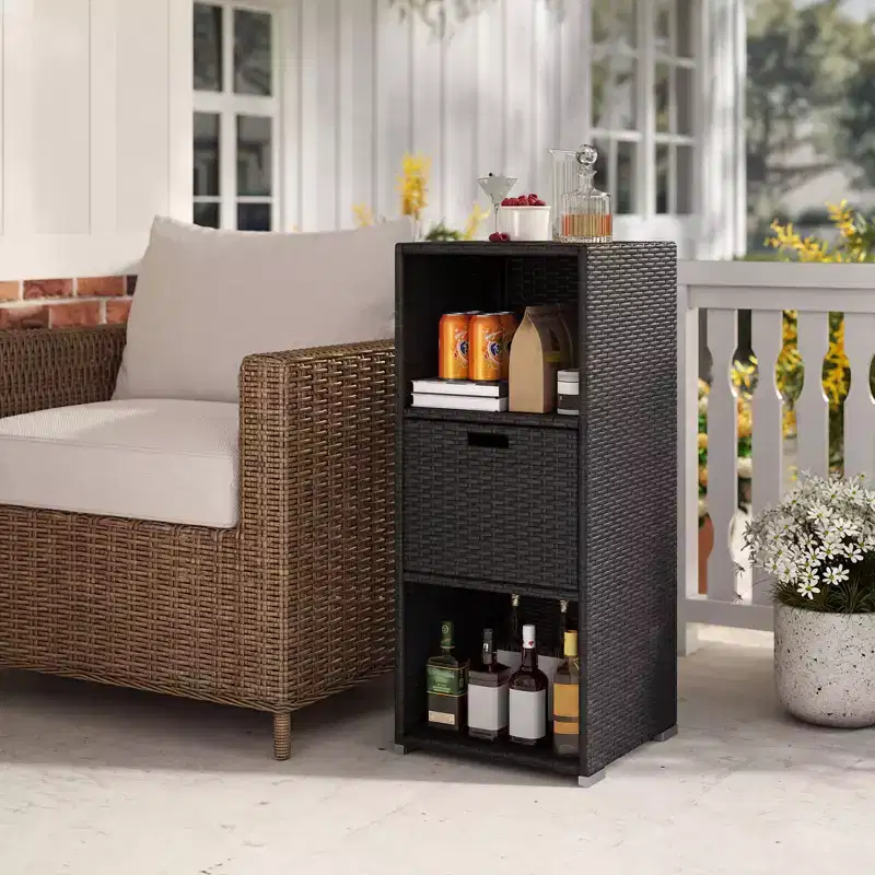 Costway Outdoor Storage Cabinet with Storage Shelves & Removable Drawer for Porch Mix Brown/Black/Gray