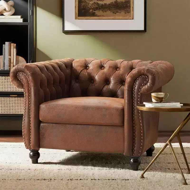 Chesterfield Club Chair Upholstered Accent Chair Single Sofa Chair Leisure Chair with Scrolled Arm, Nailhead Trim & Solid Wood Leg, Brown - ModernLuxe