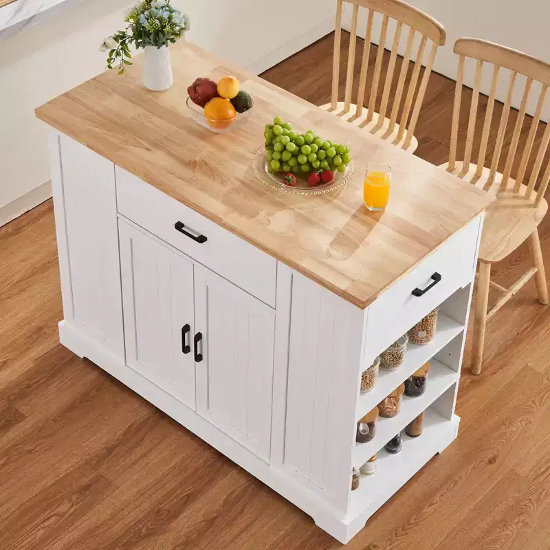VEVOR Kitchen Island Cart, 46 Wood Top Breakfast Bar with Storage Cabinet, Farmhouse Kitchen Table with Adjustable Shelf, Drawer, White