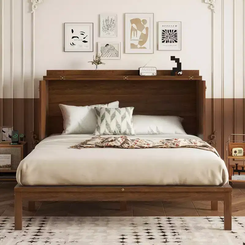 MAYEERTY Queen Size Murphy Bed Pine Wood Cabinet Bed with Power Station and Rattan Decoration Panel Walnut for Bedroom