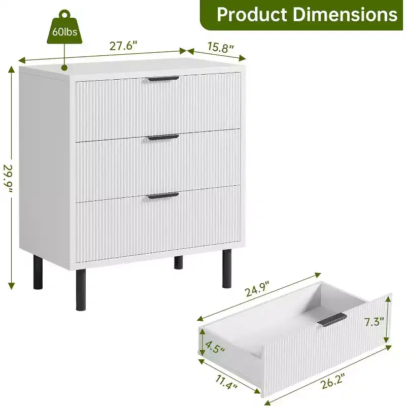 Fluted Dresser with Three Drawers, Wooden Drawer Storage Chest, Modern Storage Chest with Metal Legs, Anti-tip Fixtures, Bedroom, Living Room