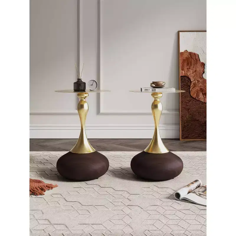 Round Gold Steel End Tables with Metal Base, Fully Assembled, 15.75