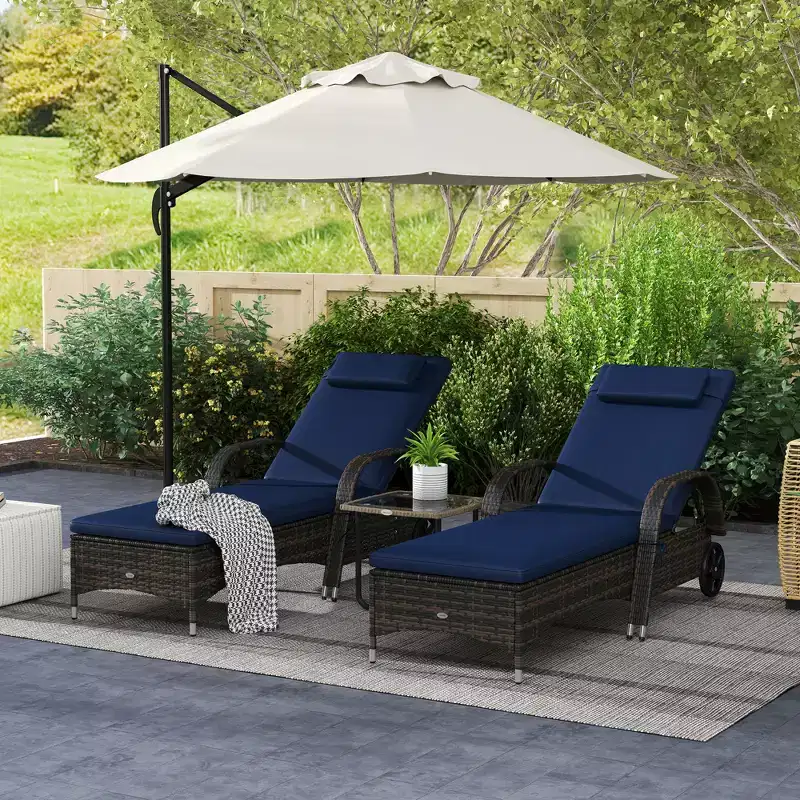2 Reclining Chaise Lounge Chairs, Rolling Outdoor Chairs with Cushion, Pillow, Headrest, Armrests, and Wheels