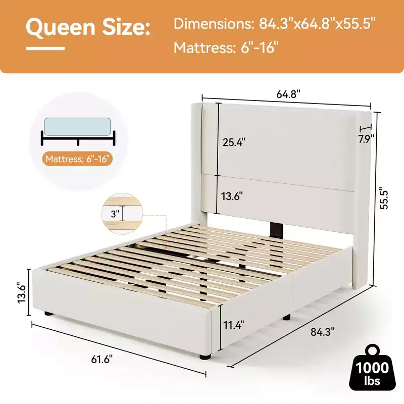 Dyonery Queen Bed Frame, Upholstered Platform Bed with 55.5 Tall Wingback Headboard, Solid Wooden Slats, Noise-Free Mattress Foundation