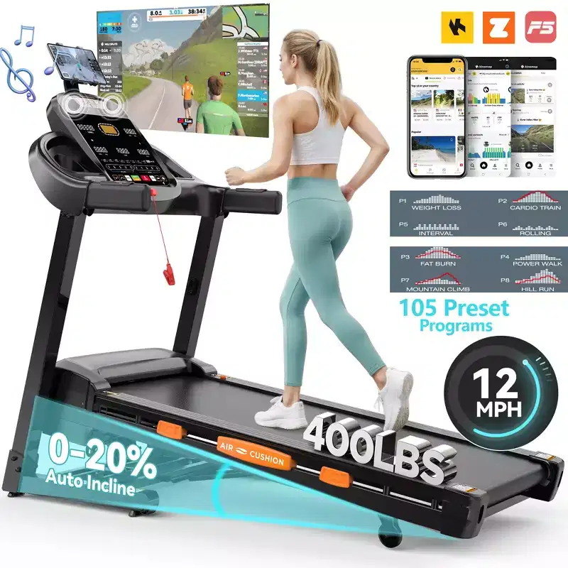 Foldable 5.0HP Treadmill for Home w/ 20% Auto Incline,400lbs Capacity Treadmill,12MPH Fast Speed,105 Programs,APP Enabled, Bluetooth Speakers