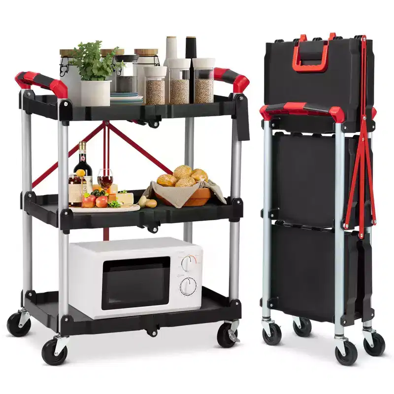 Acekool 3-Tier Rolling Utility Cart - Foldable Storage with Locking Wheels for Kitchen, Office & More