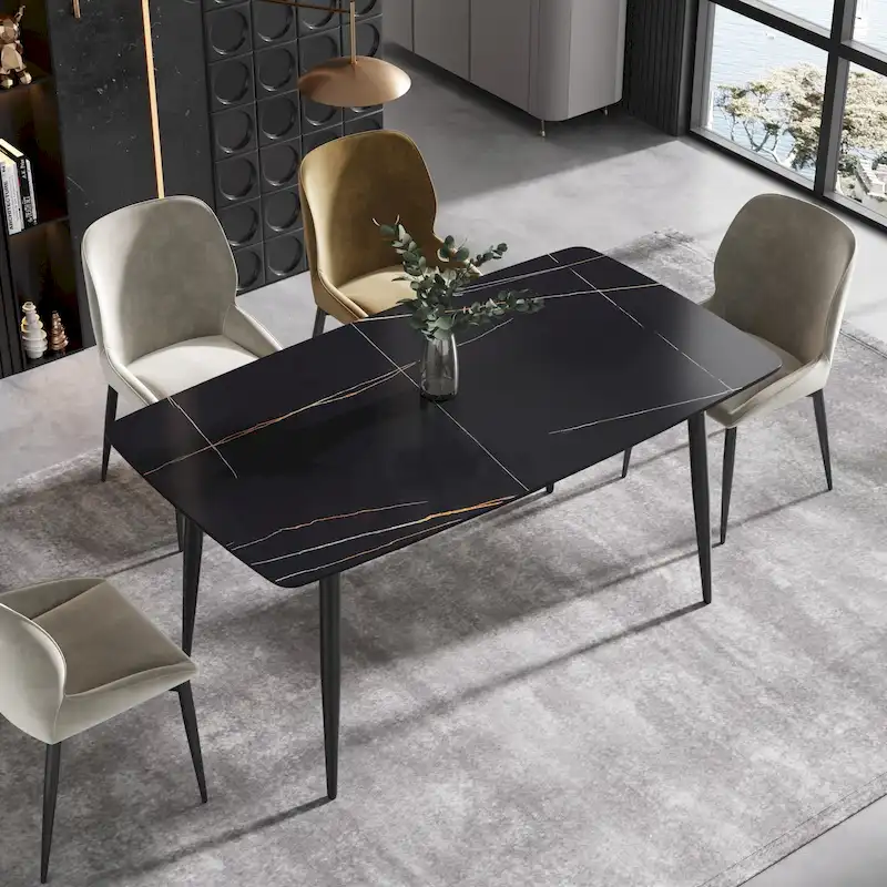 63-Inch Dining Table with Sintered Stone Tabletop and Metal Base