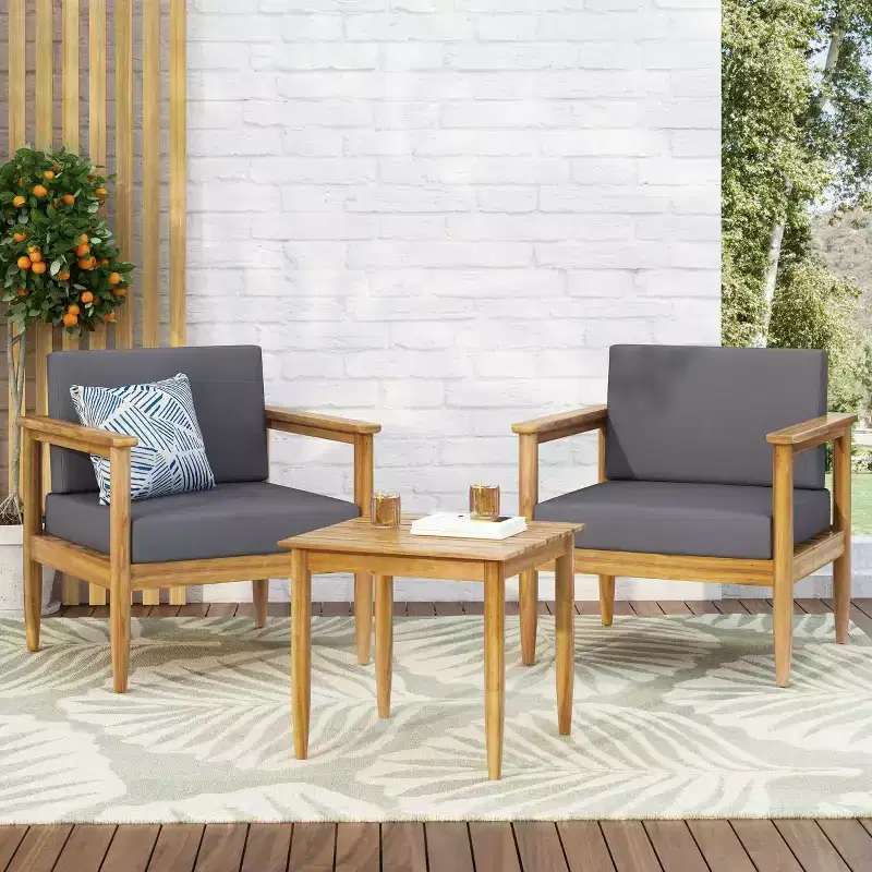 3pc Magnolia Patio Acacia Wood 2 Seater Chat Set - Teak/Dark Gray - Christopher Knight Home: Outdoor Conversation Furniture with Cushions