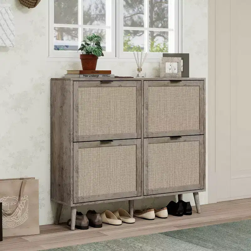 GDFStudio Sophie Farmhouse Wooden Rattan Shoe Rack with 4 Tilt-Out Doors