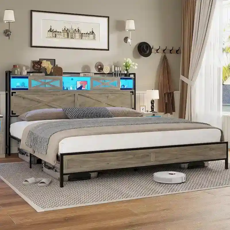 Wood Farmhouse Bed Frame with Sliding Barn Door Storage Headboard