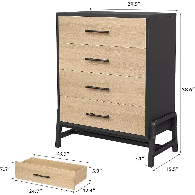 4-Drawer Tall Dresser, 38.6 Chest with Storage, Modern Wooden Dresser for Bedroom, Living Room, Entryway, Natural Oak + Black