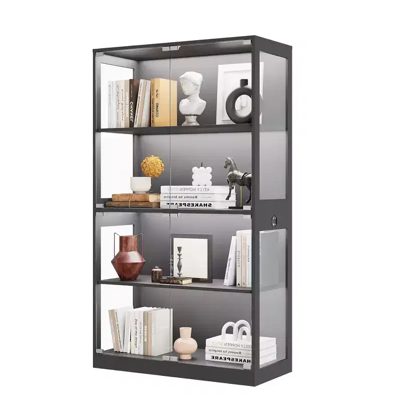 GustoWave 4-Tier Glass Display Cabinet, Black Curio Cabinet with Glass Doors, Storage Shelf for Collectibles, Living Room