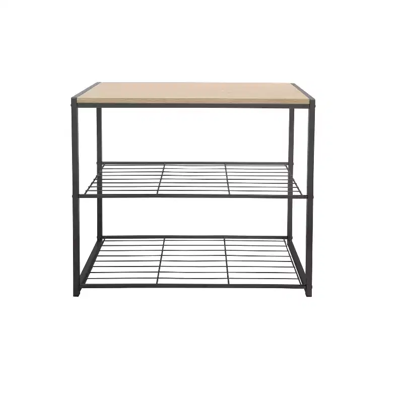 3 Tier Shoe Rack Black Metal with Natural Wood