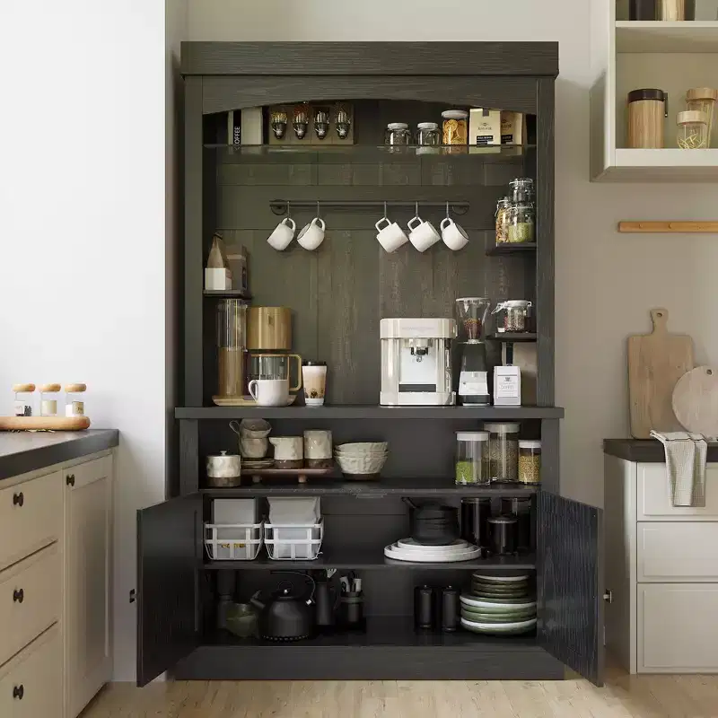 COZONY 72 Coffee Bar Cabinet with Hutch, Farmhouse Buffet Cabinet with Microwave Stand, Wine Rack & Storage Shelves