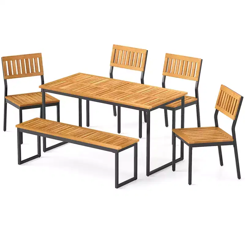 Costway 6 PCS Outdoor Acacia Wood Dining Set with Bench and 2 Umbrella Hole Outdoor Patio
