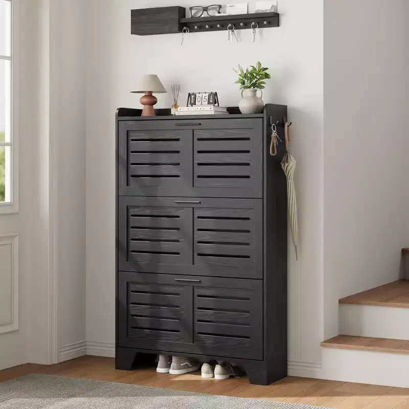 Shoe Storage Cabinet with 3 Flip Drawers and 2 Side Hooks, Freestanding Shoe Organizer Storage for Entryway, Farmhouse Hidden Shoe Cabinet, Black
