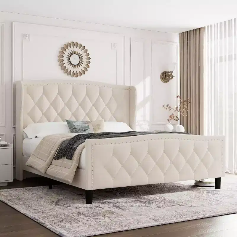 Queen-size bed frame, velvet upholstered bed, with winged headboard, slatted wooden support, no spring mattress required, easy to assemble.