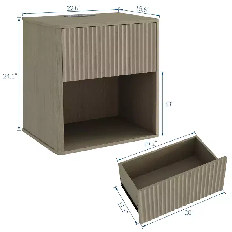 Set of 2 Fluted Nightstands w/ Charging Station & LED Light, Modern Wood End Table w/ Storage Drawer, Mid-Century Bedside Table for Bedroom