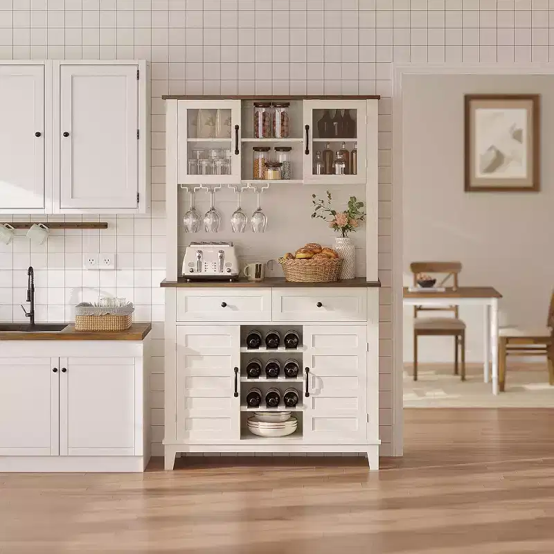 Farmhouse Coffee Bar Cabinet with 4 Doors, 2 Drawers & Wine Rack, 72 Kitchen Storage Console for Microwave & Home Bar