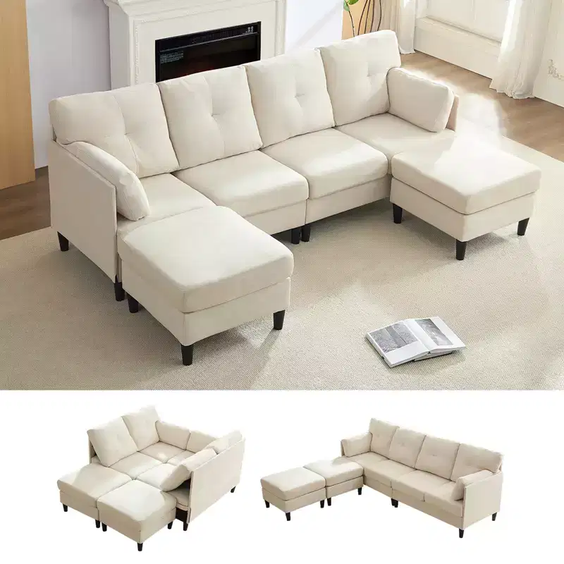 Mjkone Modular Convertible Sectional Sofa Couch, Upholstered Comfy Fabric 4-Seater Sofa with Movable Ottomans