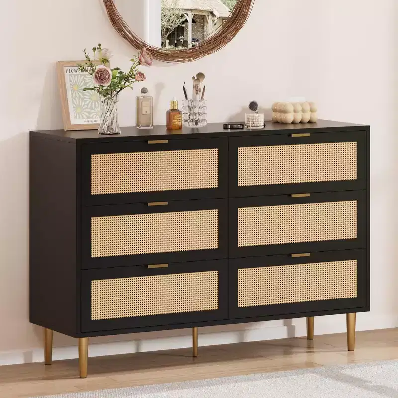 29.5 Rattan 6-Drawer Storage Chest, Wide Cabinet with Large Tabletop, Anti-Tip Design for Bedroom & Living Room