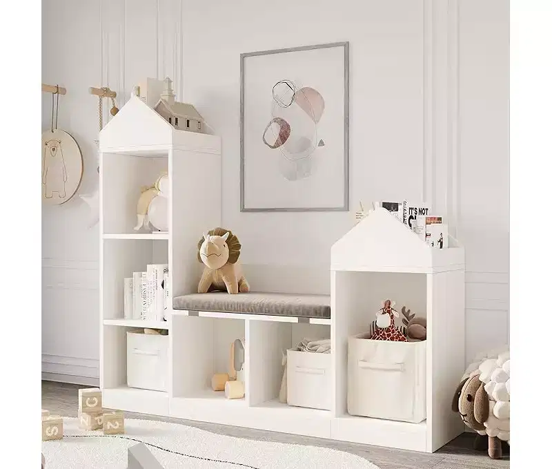 Children's Bookcase, 6 Cube Storage Cubes for Children with Seat Cushion, Roof Shaped Bookcase for Children, Anti-Tip Kit, White