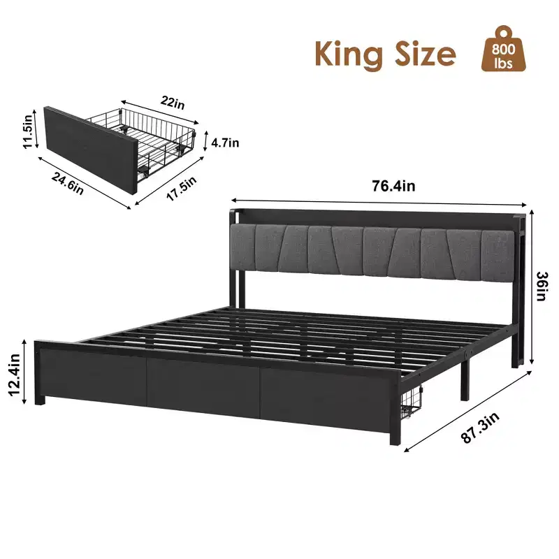 King Platform Bed Frame with Upholstered Headboard, Charging Station, 2 Storage Drawers, 12 Legs, 800 lb Capacity, No Box Spring Needed