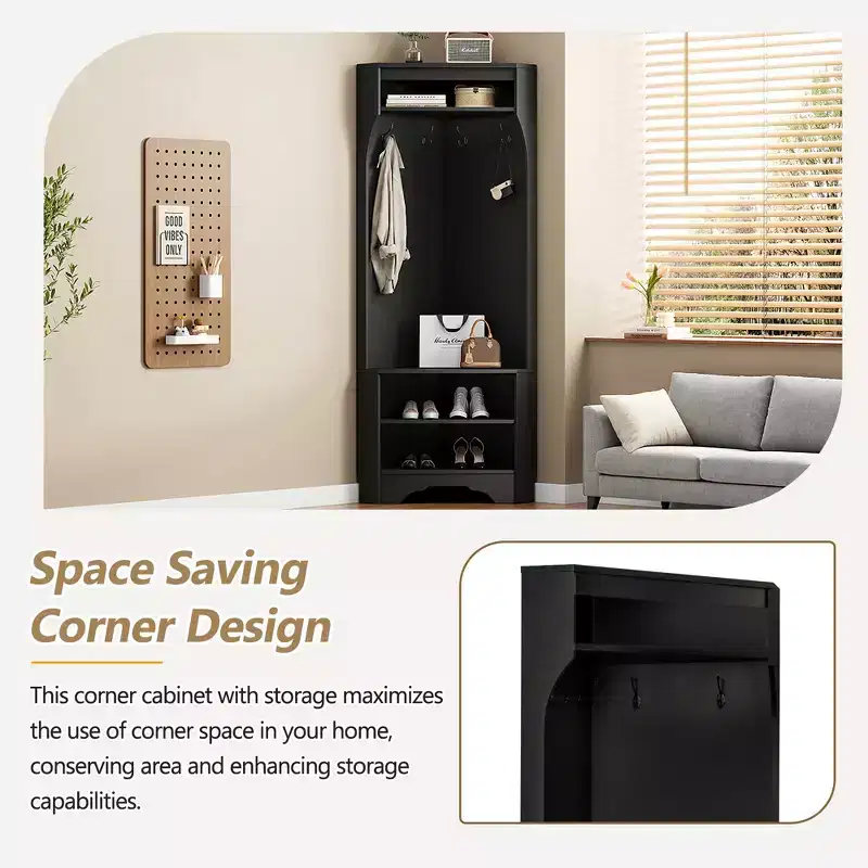 Corner Coat Rack with 4 Hooks and Adjustable Shelf