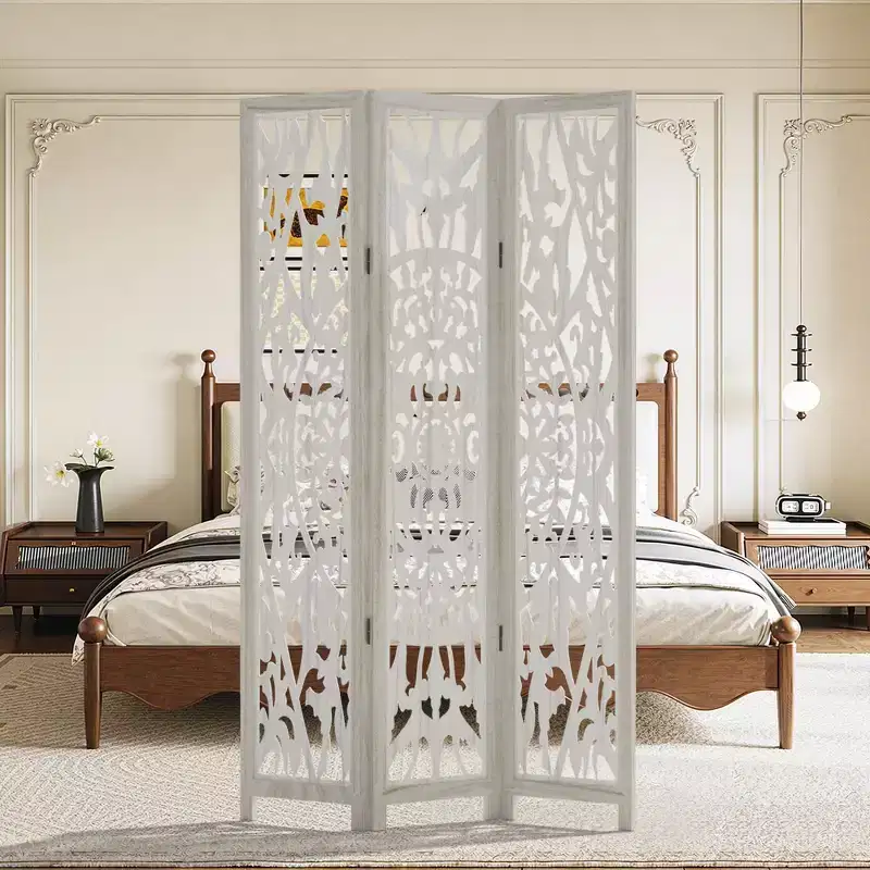 Carved Floral Wood Room Divider – 3-Panel Folding Privacy Screen, White