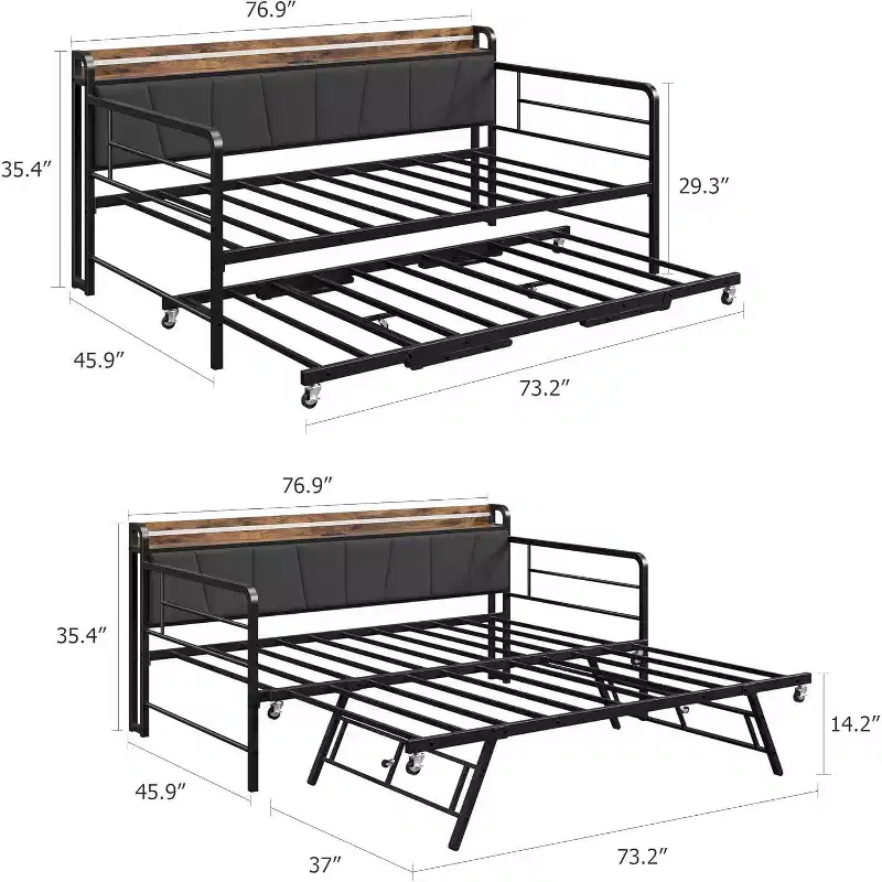 Twin Daybed with Trundle, LED Light, Charging Station & Storage Headboard, Metal Frame for Living Room, Bedroom, Guest Room