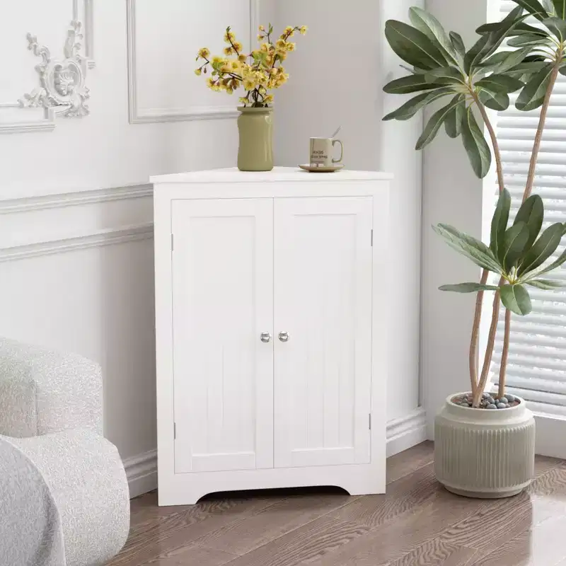 MAYEERTY White Floor Corner Cabinet with 2 Doors & Adjustable Shelves for Bathroom Kitchen Living Room