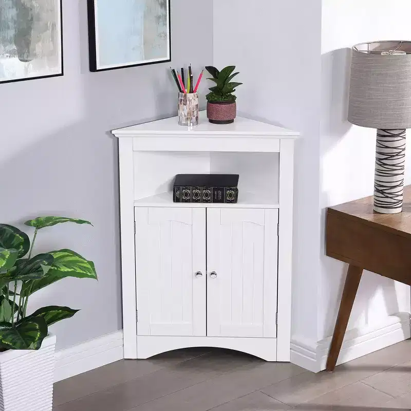 AndMakers White Wood 32.3 in.H Storage Corner Cabinet with Shelves and Storage