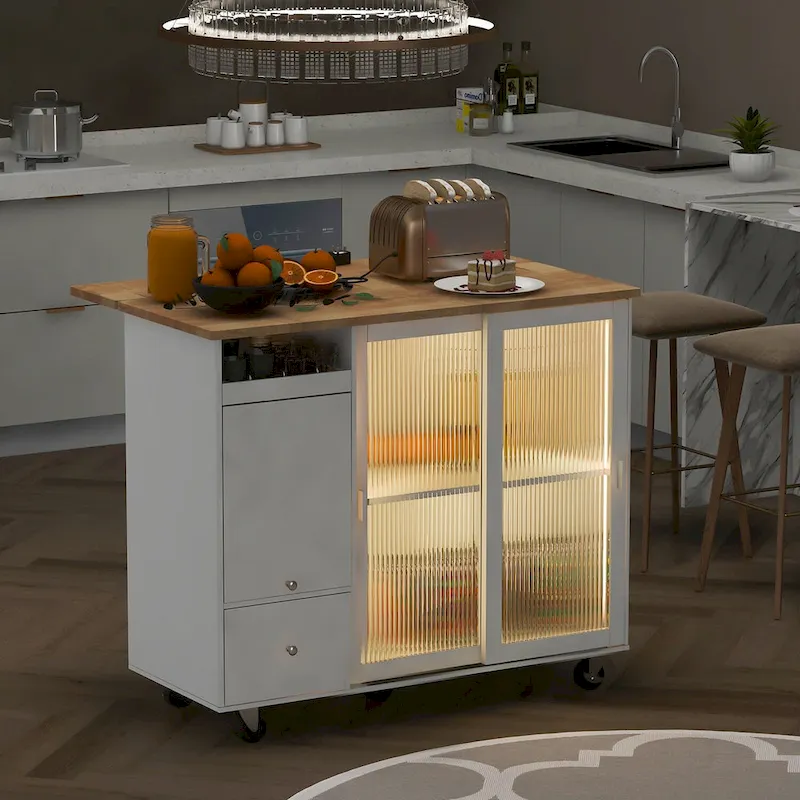 Kitchen Island with Drop Leaf, LED Light