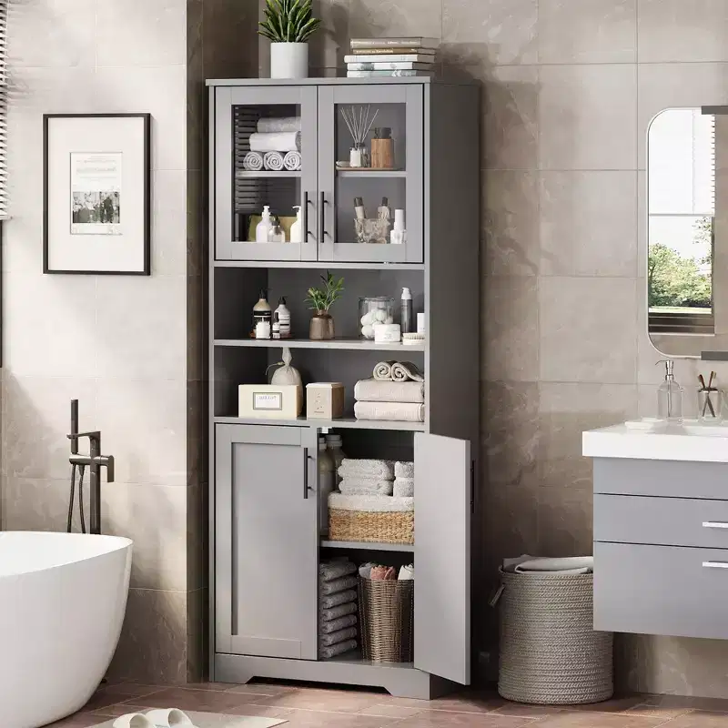 GustoWave Tall Bathroom Cabinet, Freestanding Bathroom Storage Cabinet with Glass Doors and Adjustable Shelves, 67 Cupboard Modern Storage Cabinet