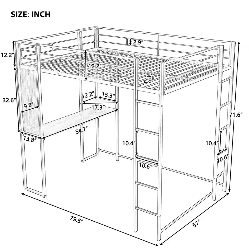 Bellemave Full Size Metal Loft Bed with 2 Shelves and one Desk ,Black