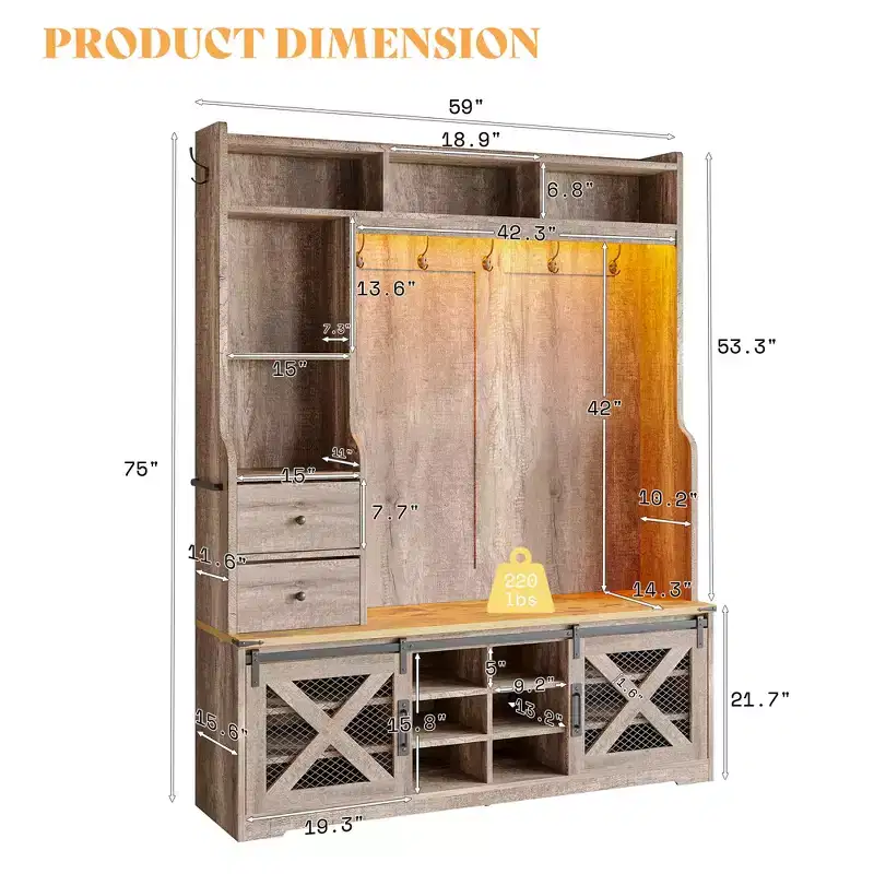 7-in-1 Farmhouse Hall Tree with Bench, Shoe Cabinet, LED Lights & Drawers