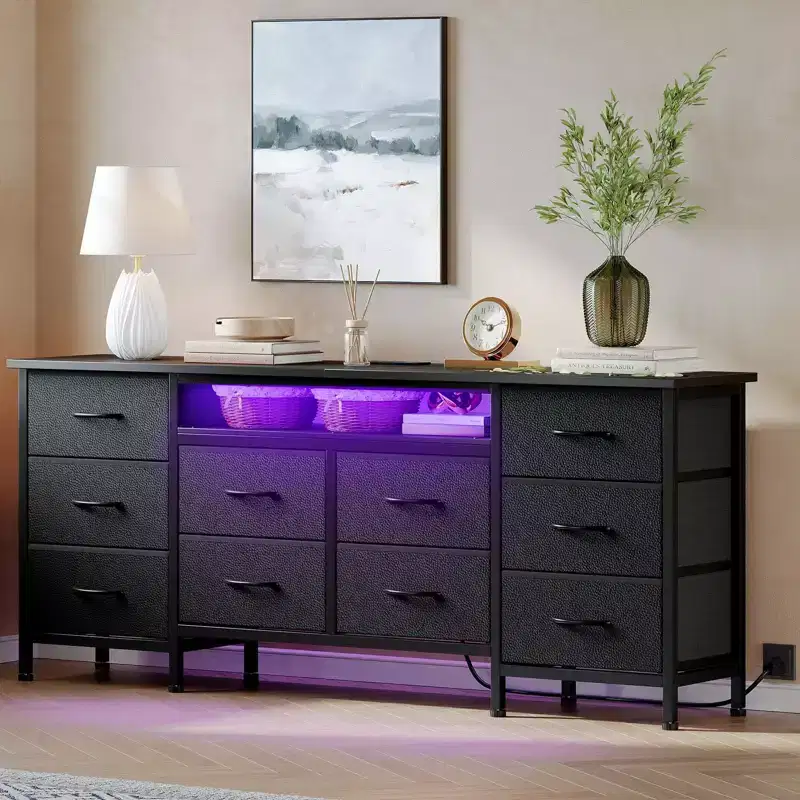 TV Stand for 65, 70, 75 Inch TV, 10 Drawer Long Dresser with Power Outlets , 63 Inch Entertainment Center TV Stand Dresser Storage Drawers