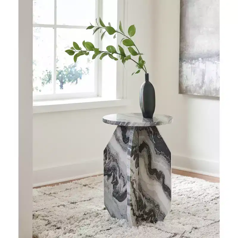 Signature Design by Ashley Wrenlane Accent Table in Black, White, and Taupe Natural Marble