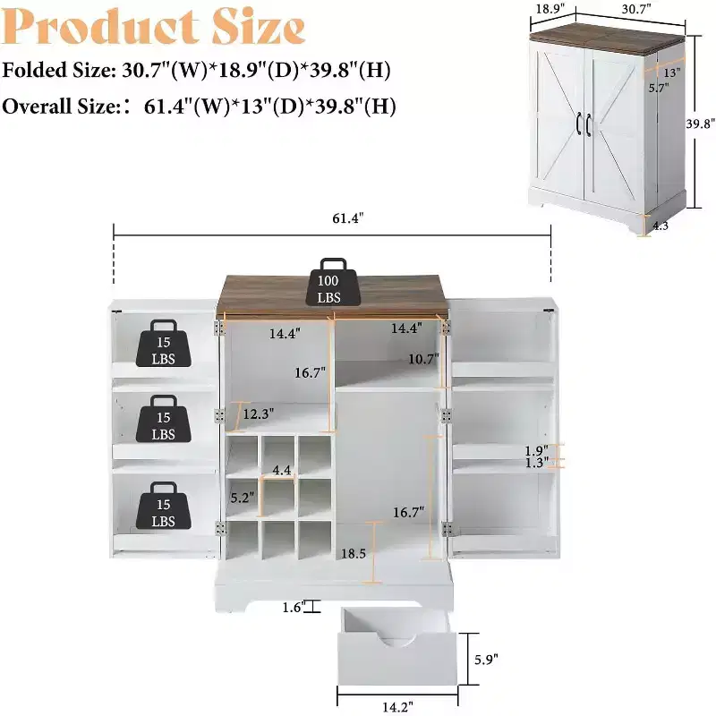Farmhouse Bar Cabinet with Foldable Top, 9-Bottle Wine Rack and Multiple Storage, Rustic White