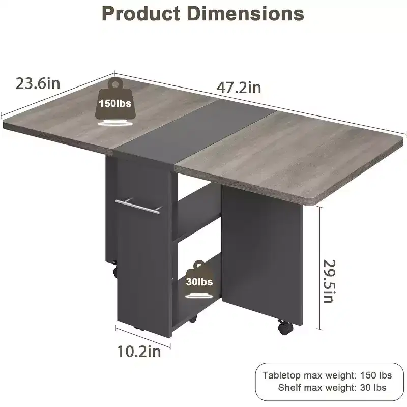 Space-Saving Foldable Dining Table for 4 with Drop Leaf, 2 Storage Shelves, and 6 Wheels for Easy Mobility