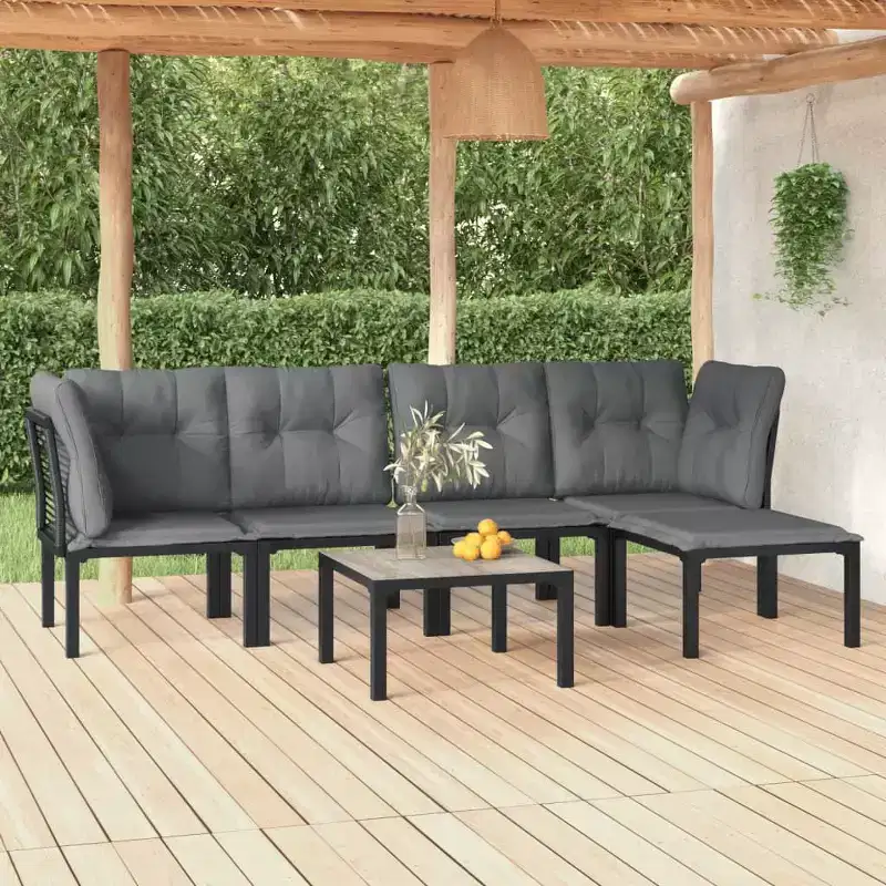 vidaXL 6 Piece Patio Lounge Set Black and Gray Poly Rattan