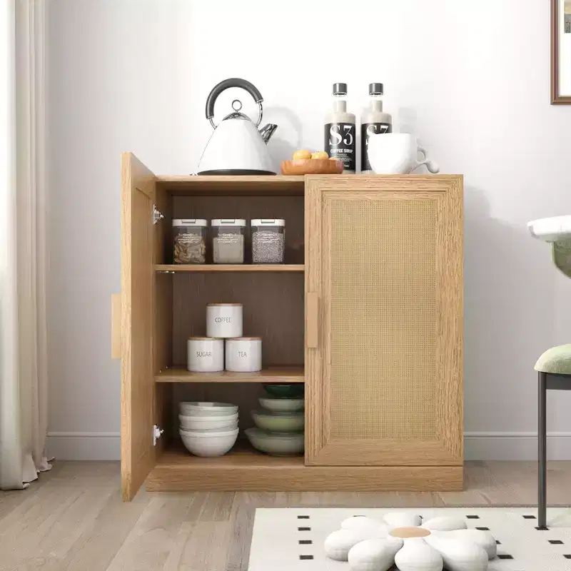 31x31x16 Wood Grain Buffet Cabinet, Storage Organizer with Adjustable Shelves and Rattan Doors for Kitchen Bedroom Living/Dinning Room