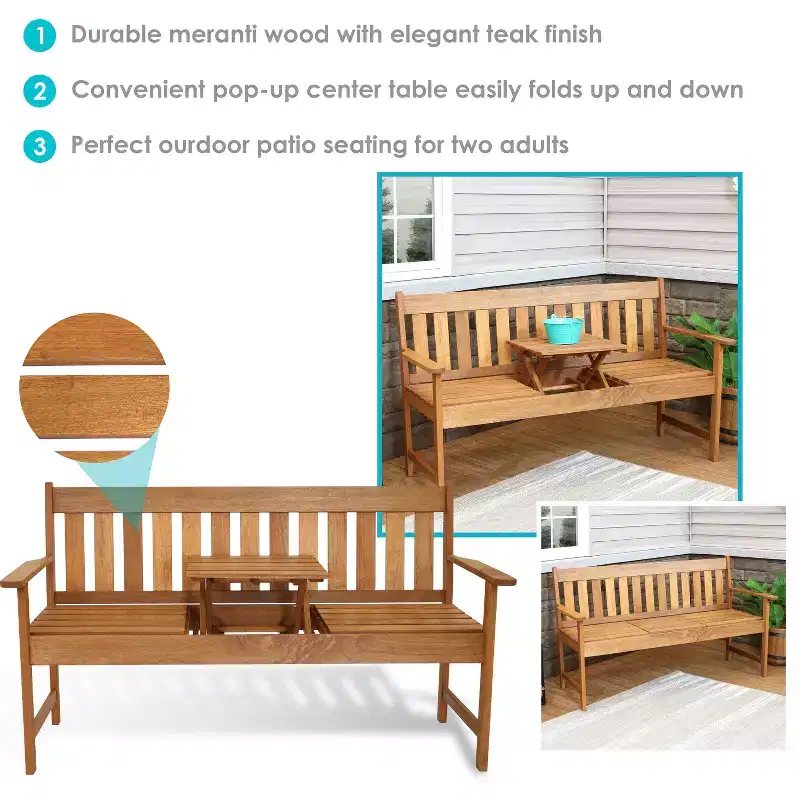 Sunnydaze Outdoor Meranti Wood with Teak Oil Finish 2-Person Bench Seat with Pop-Up Table - 60 - Brown