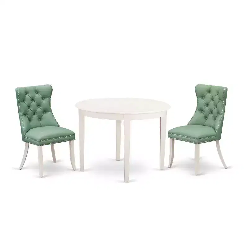 3-Piece Linen White Finish Round Solid Wood Top Dining Table Set