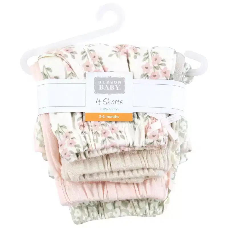 Hudson Baby Infant Girls Shorts Bottoms 4-Pack, Pink Sage Floral