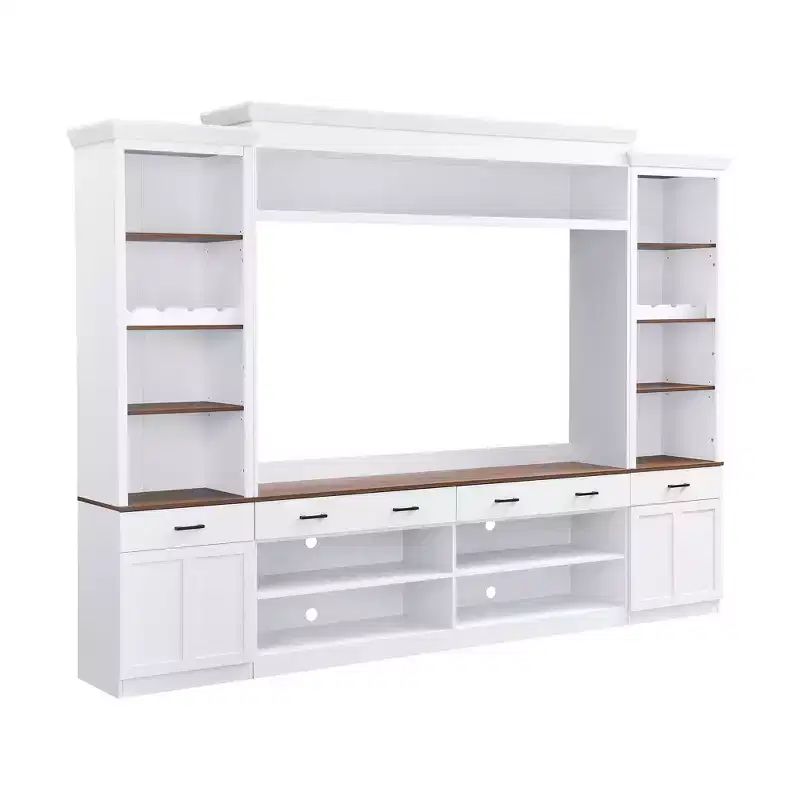 Clihome Farmhouse 4-Piece Entertainment Center TV Stand with Bookshelf and Wine Rack for Living Room